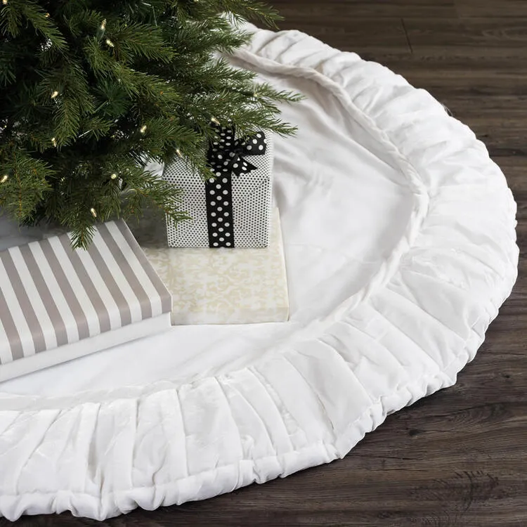 60" Plush White Velvet Tree Skirt with 6" Border and Tie Closure