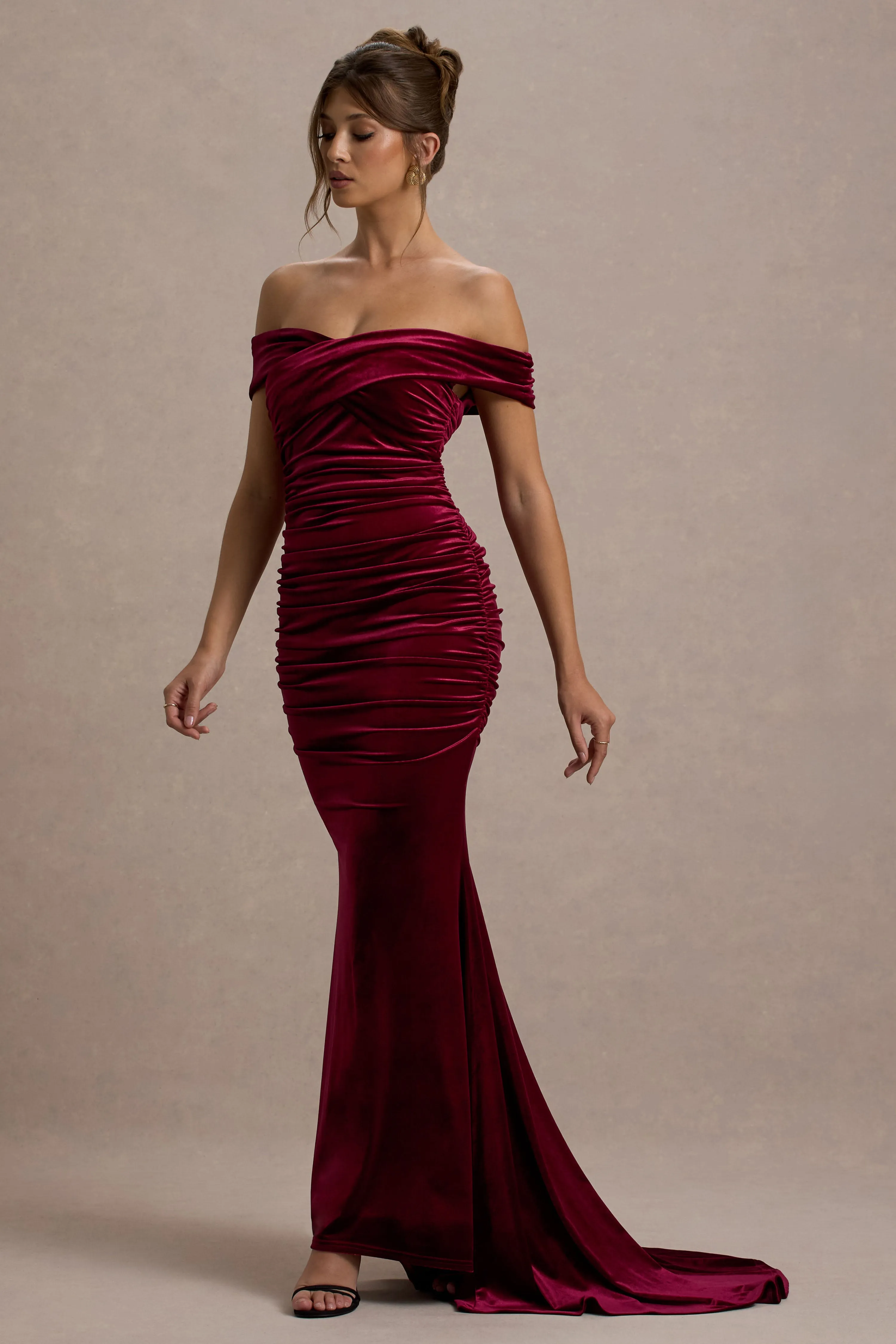 Apolline | Berry Velvet Off The Shoulder Ruched Fishtail Maxi Dress