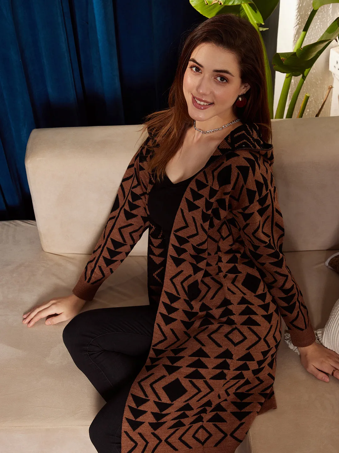 Berrylush Women Brown & Black Geometric Printed Hood Neck Drop-Shoulder Sleeves Open-Front Ribbed Hem Longline Cardigan