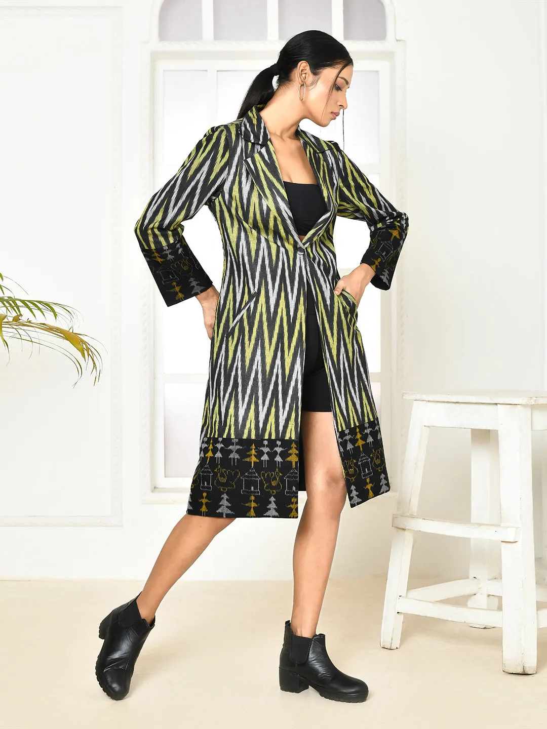 Bia Black Handloom Ikkat Printed Trench Coat