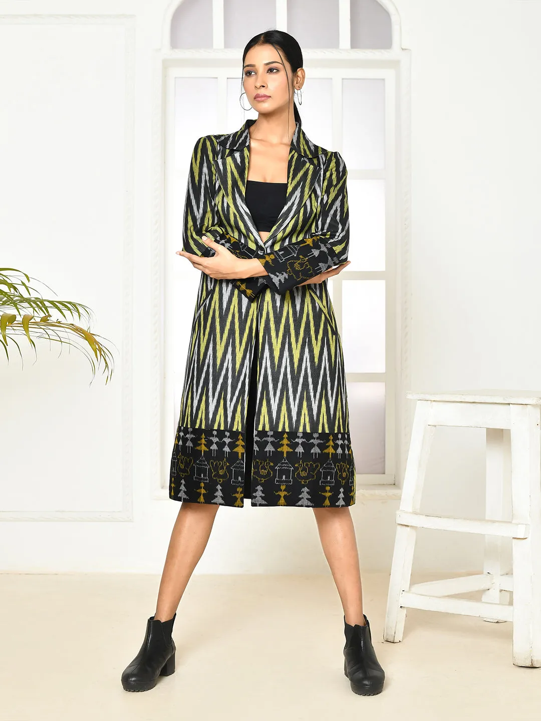 Bia Black Handloom Ikkat Printed Trench Coat