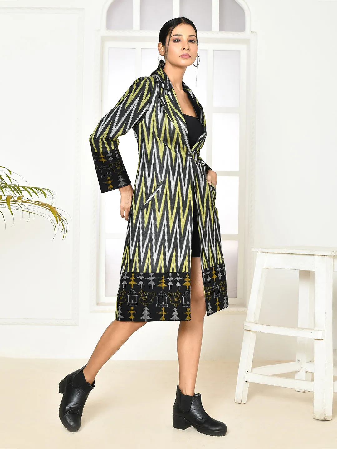 Bia Black Handloom Ikkat Printed Trench Coat