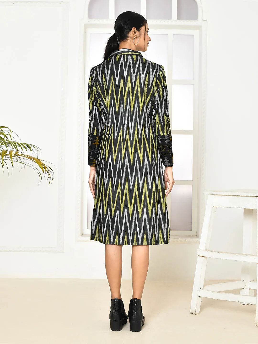 Bia Black Handloom Ikkat Printed Trench Coat