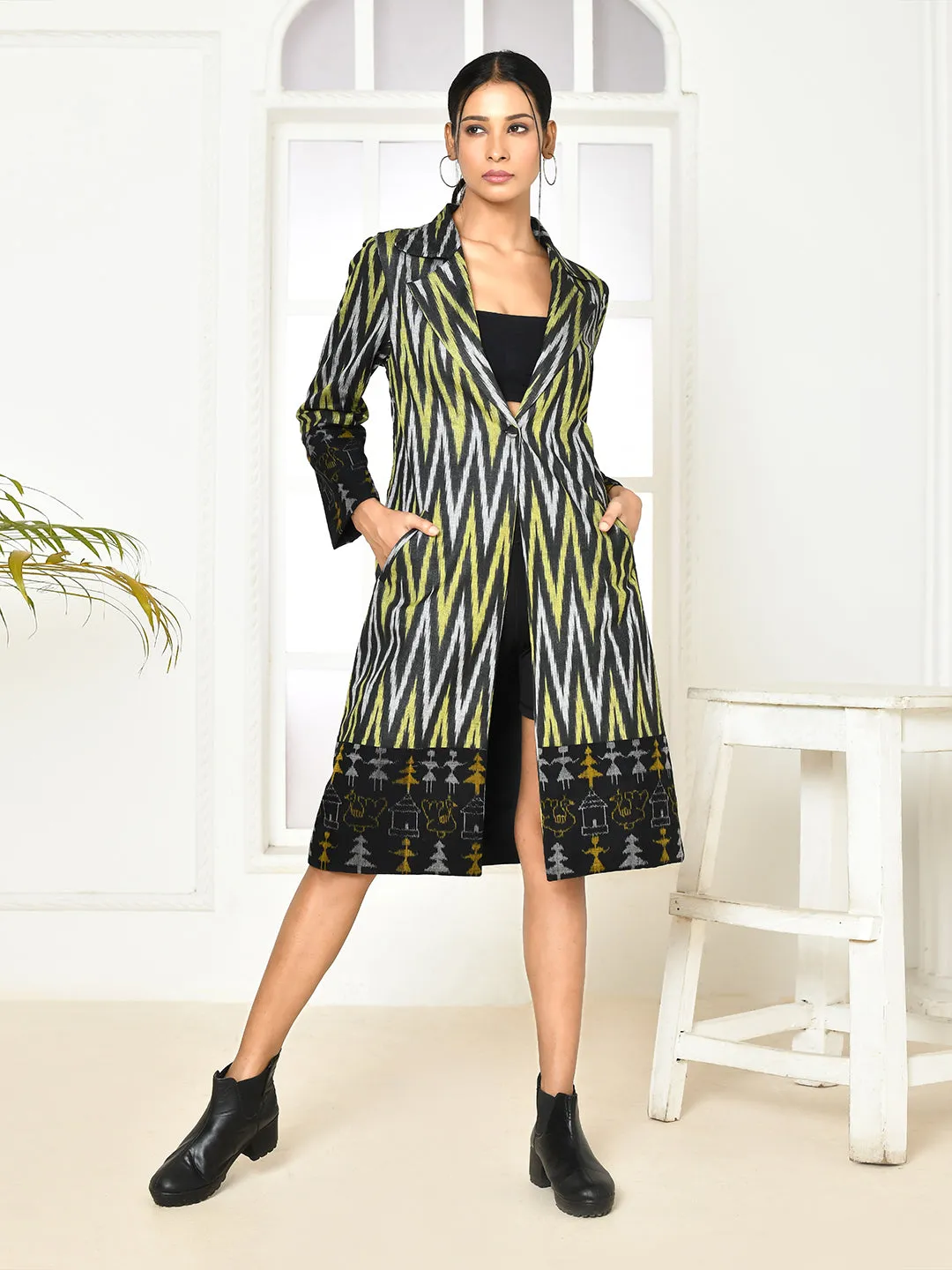 Bia Black Handloom Ikkat Printed Trench Coat