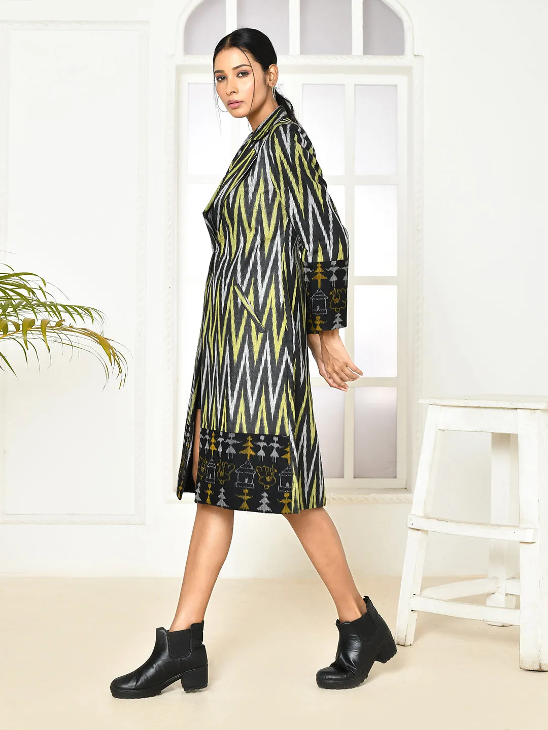 Bia Black Handloom Ikkat Printed Trench Coat