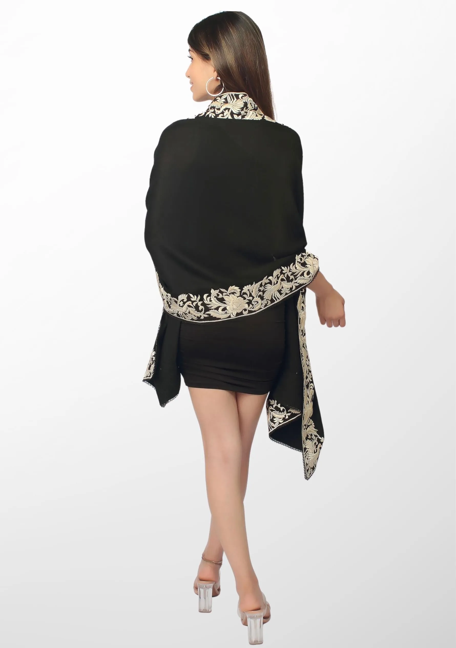 Black Cashmere Scarf with a Ivory Border Embroidery and Black Lace Edging