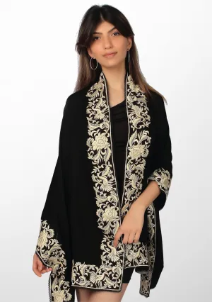 Black Cashmere Scarf with a Ivory Border Embroidery and Black Lace Edging