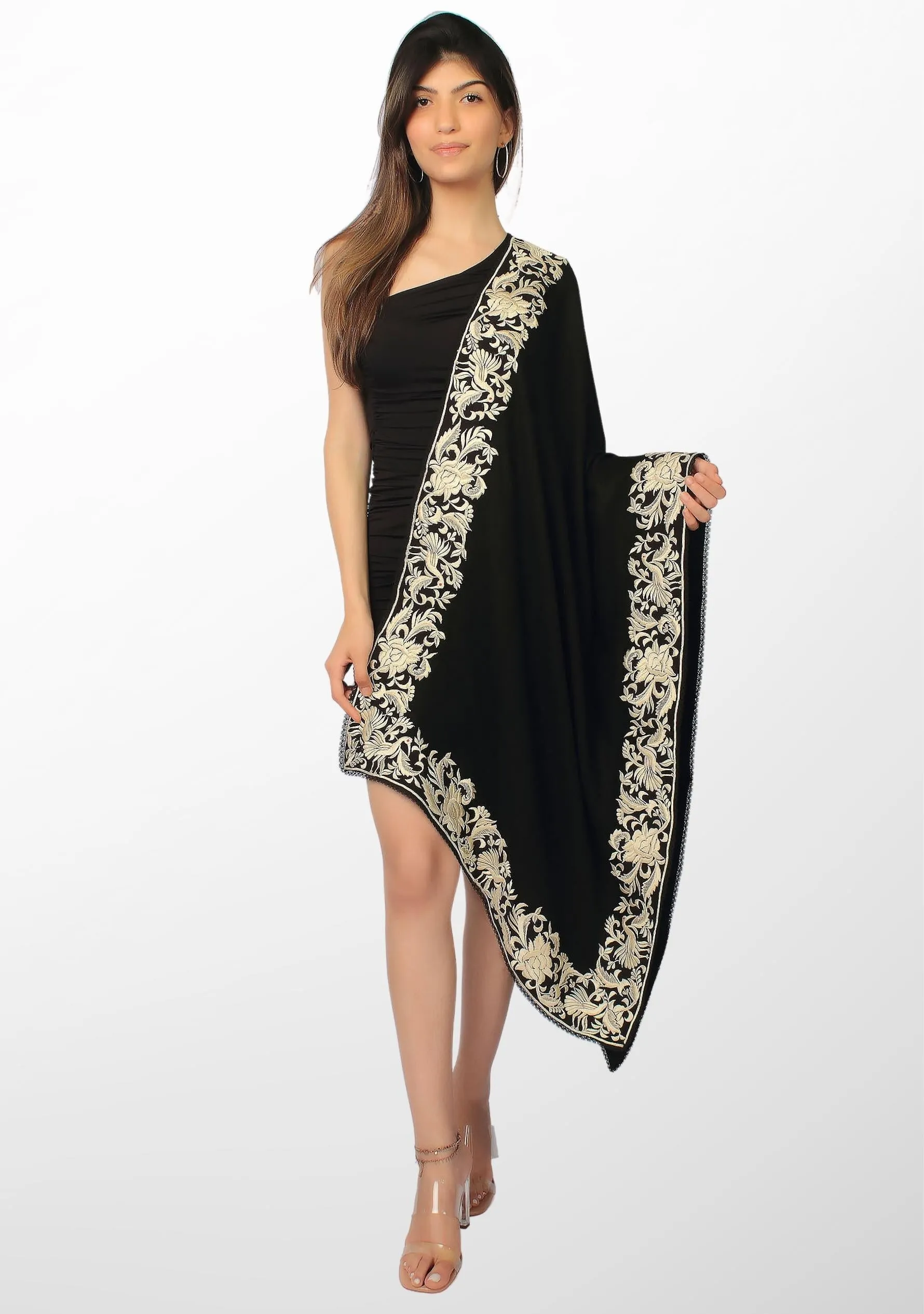 Black Cashmere Scarf with a Ivory Border Embroidery and Black Lace Edging