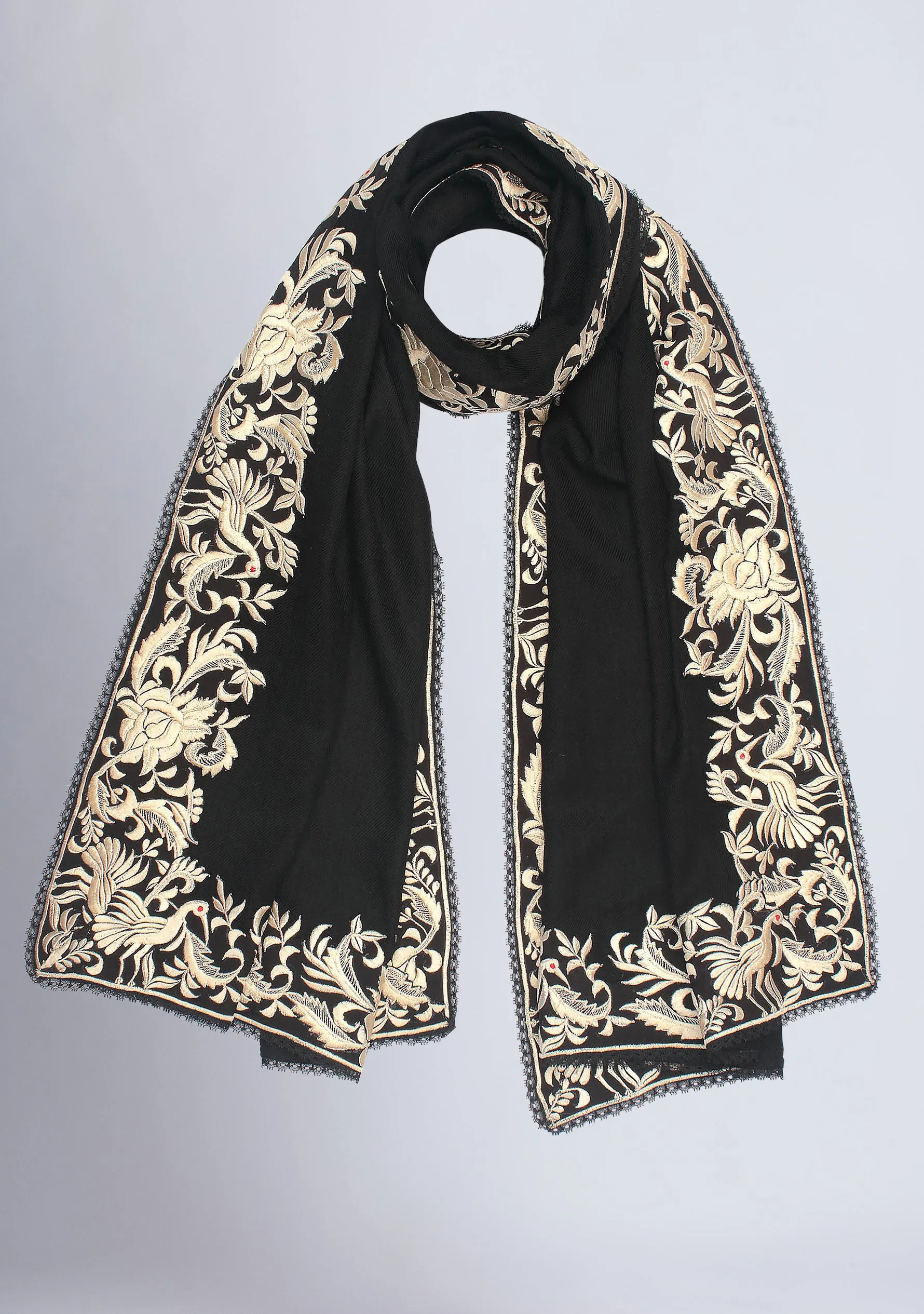 Black Cashmere Scarf with a Ivory Border Embroidery and Black Lace Edging