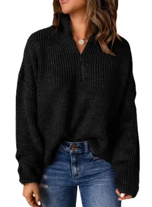 Black Sweaters for Women Waffle Kint Long Sleeve Zip Pullover Polo V Neck Sweater for Women - EVALESS