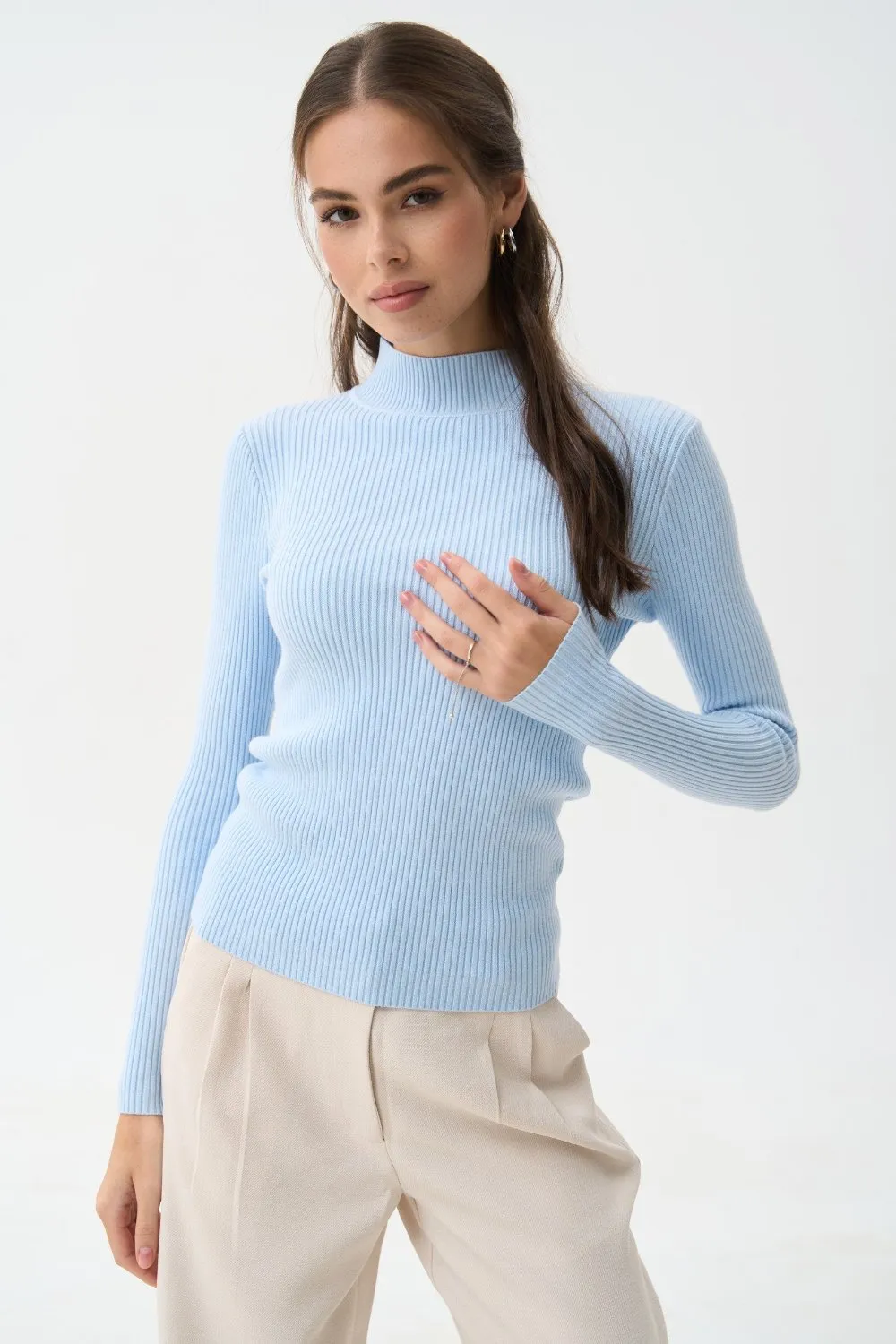 Blue Rib Knit Turtleneck Sweater