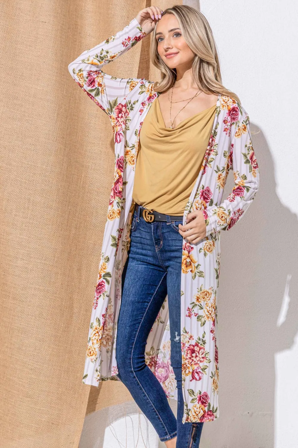 Blue Zone Planet |  And The Why Floral Kimono Open Front Longline Cardigan