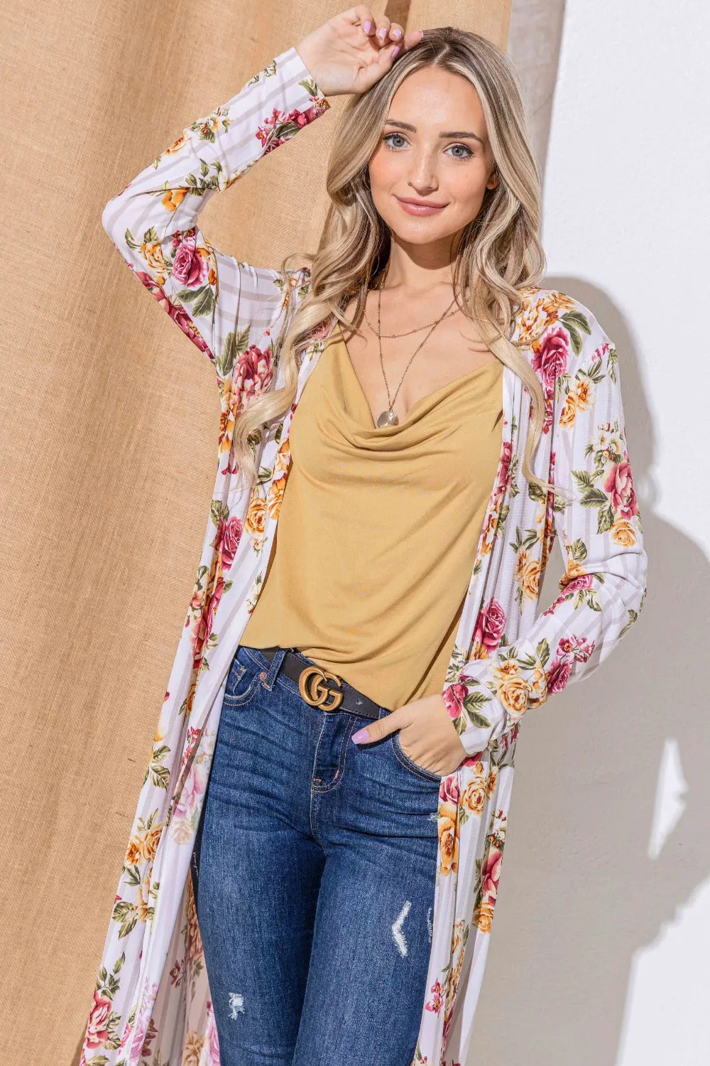 Blue Zone Planet |  And The Why Floral Kimono Open Front Longline Cardigan