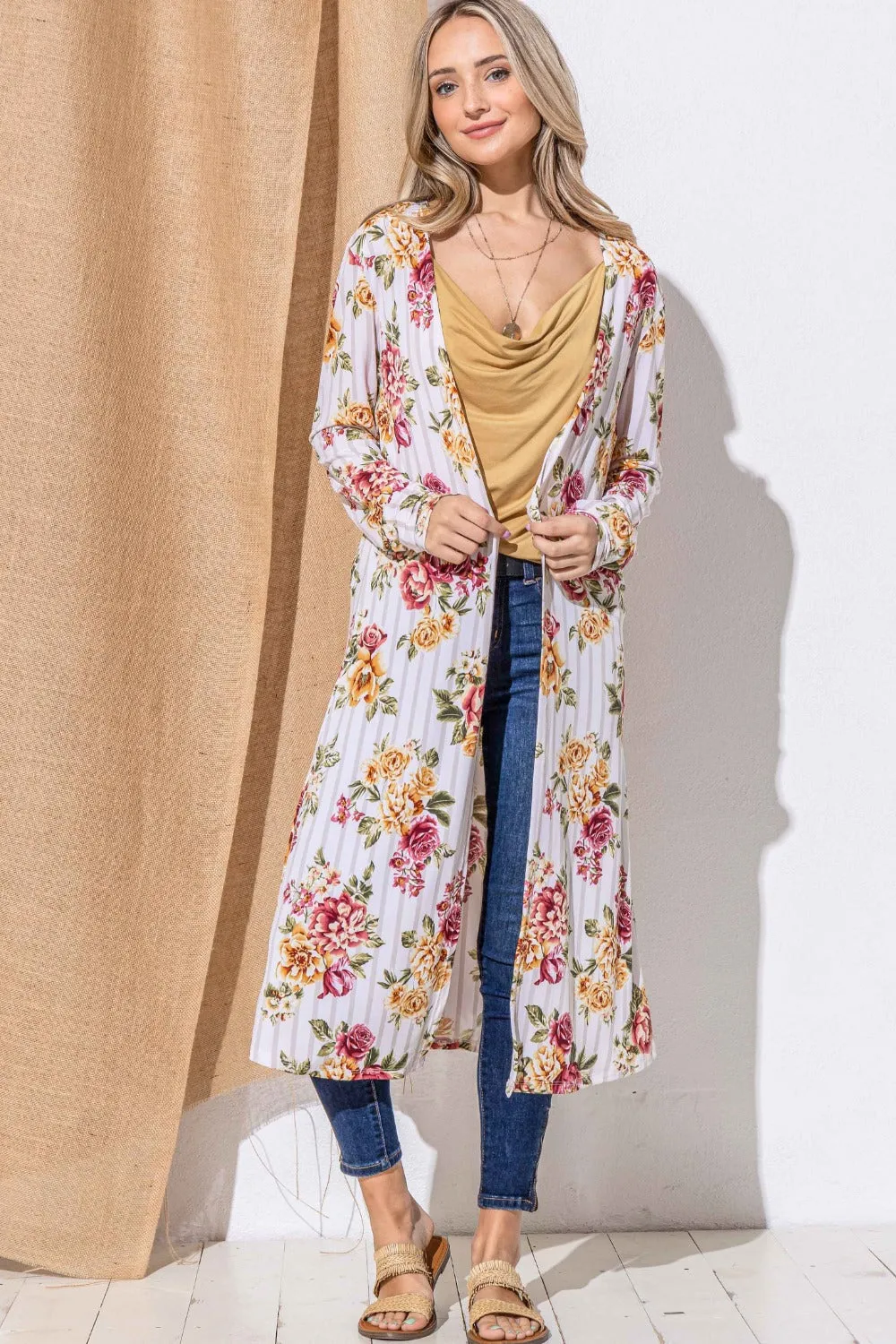 Blue Zone Planet |  And The Why Floral Kimono Open Front Longline Cardigan