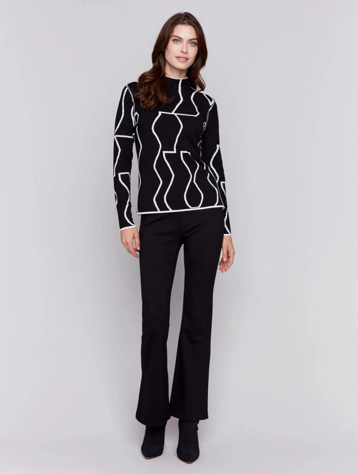 Charlie B Reversible Jacquard Mock Neck Sweater - Black & Cream