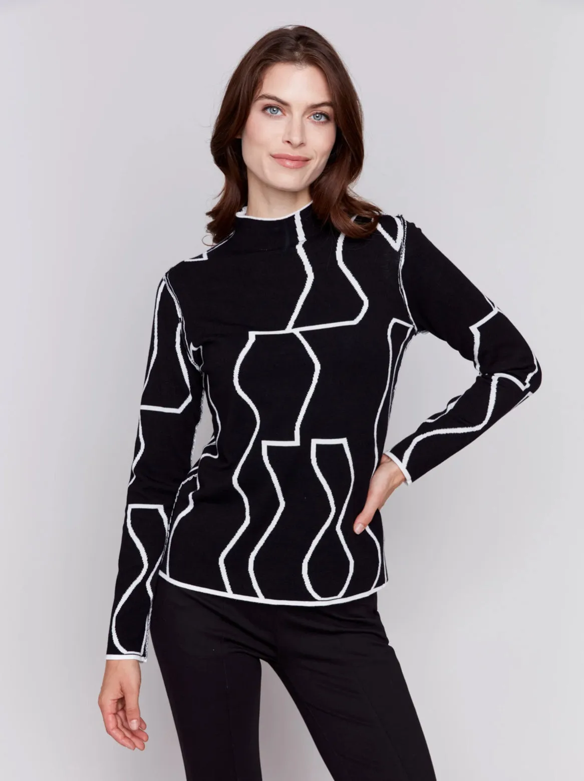 Charlie B Reversible Jacquard Mock Neck Sweater - Black & Cream