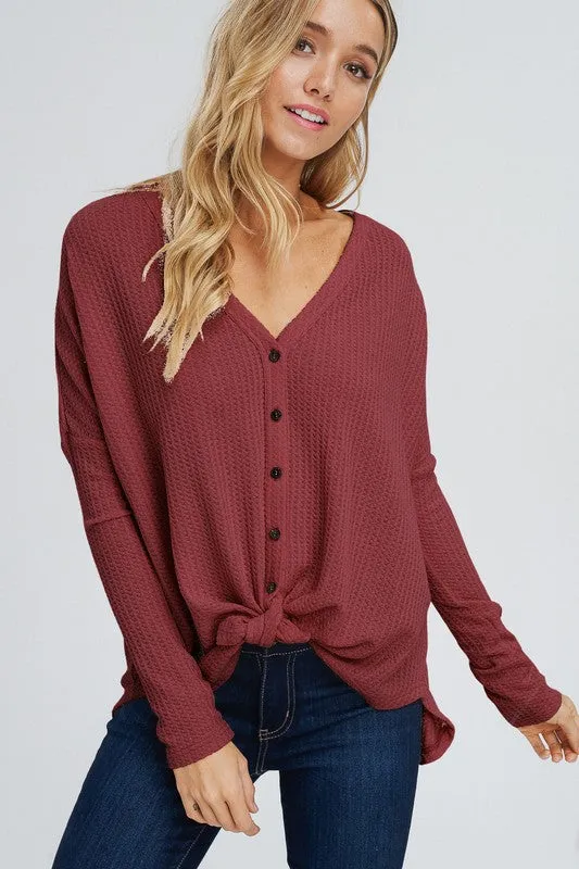 Comfy Button Waffle Blouse Crop - Four Colors