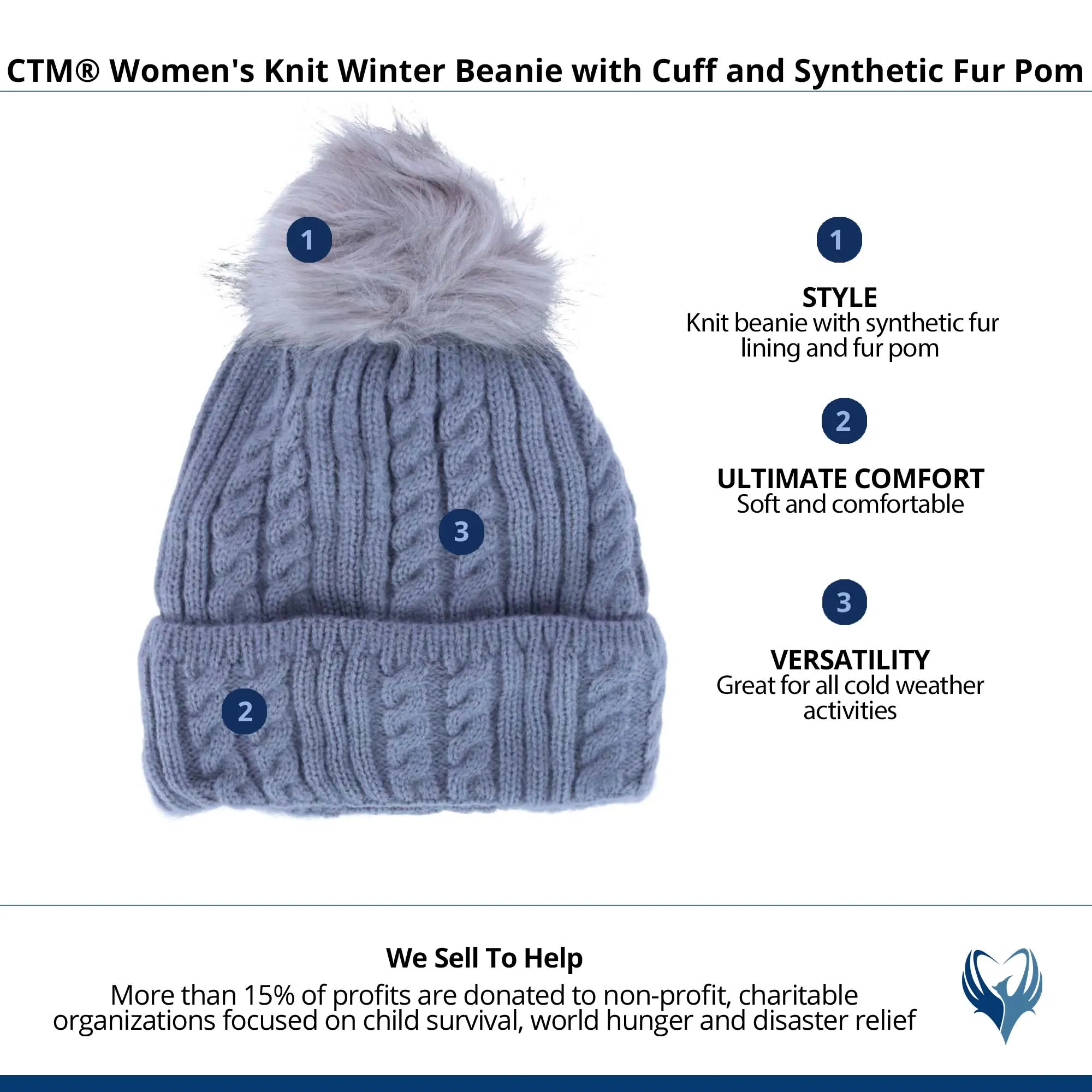 CTM® Women's Knit Winter Beanie with Cuff and Synthetic Fur Pom