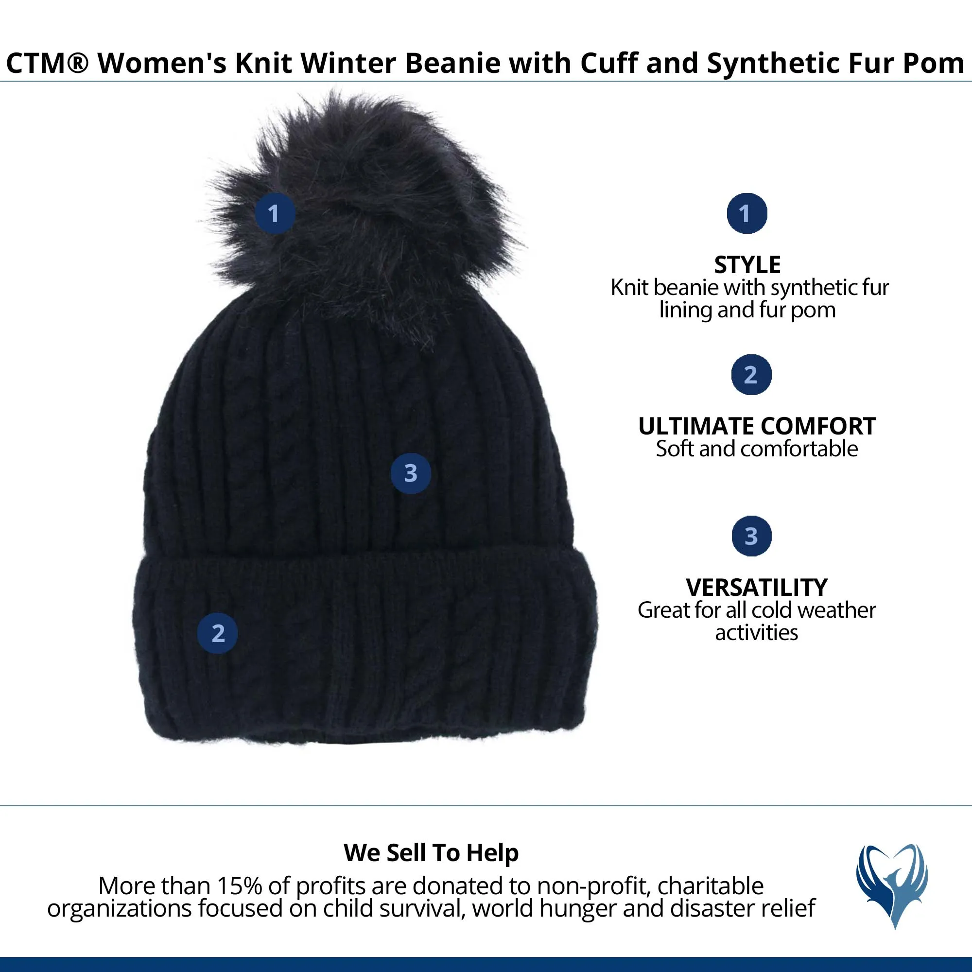 CTM® Women's Knit Winter Beanie with Cuff and Synthetic Fur Pom