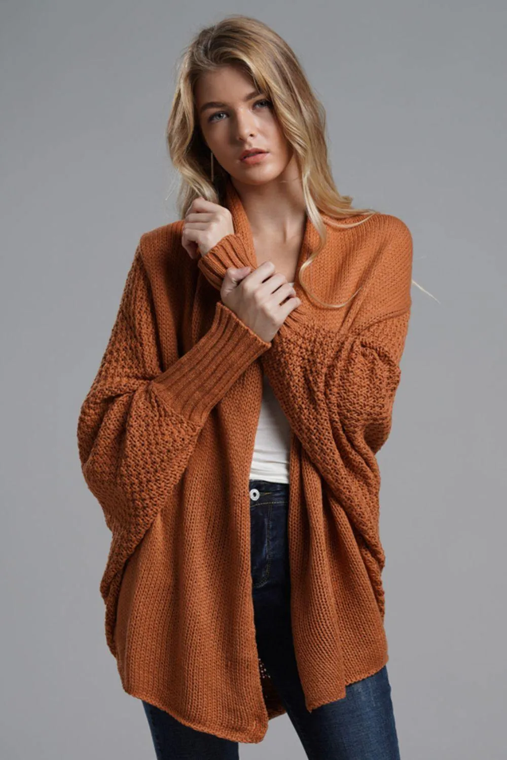 Dolman Sleeve Open Front Ribbed Trim Longline Cardigan