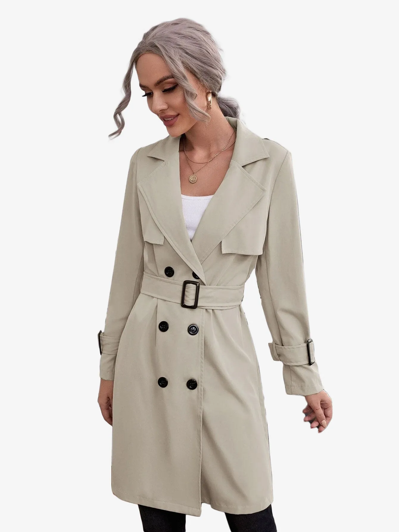 Double Breasted Buckle Belted Trench Coat