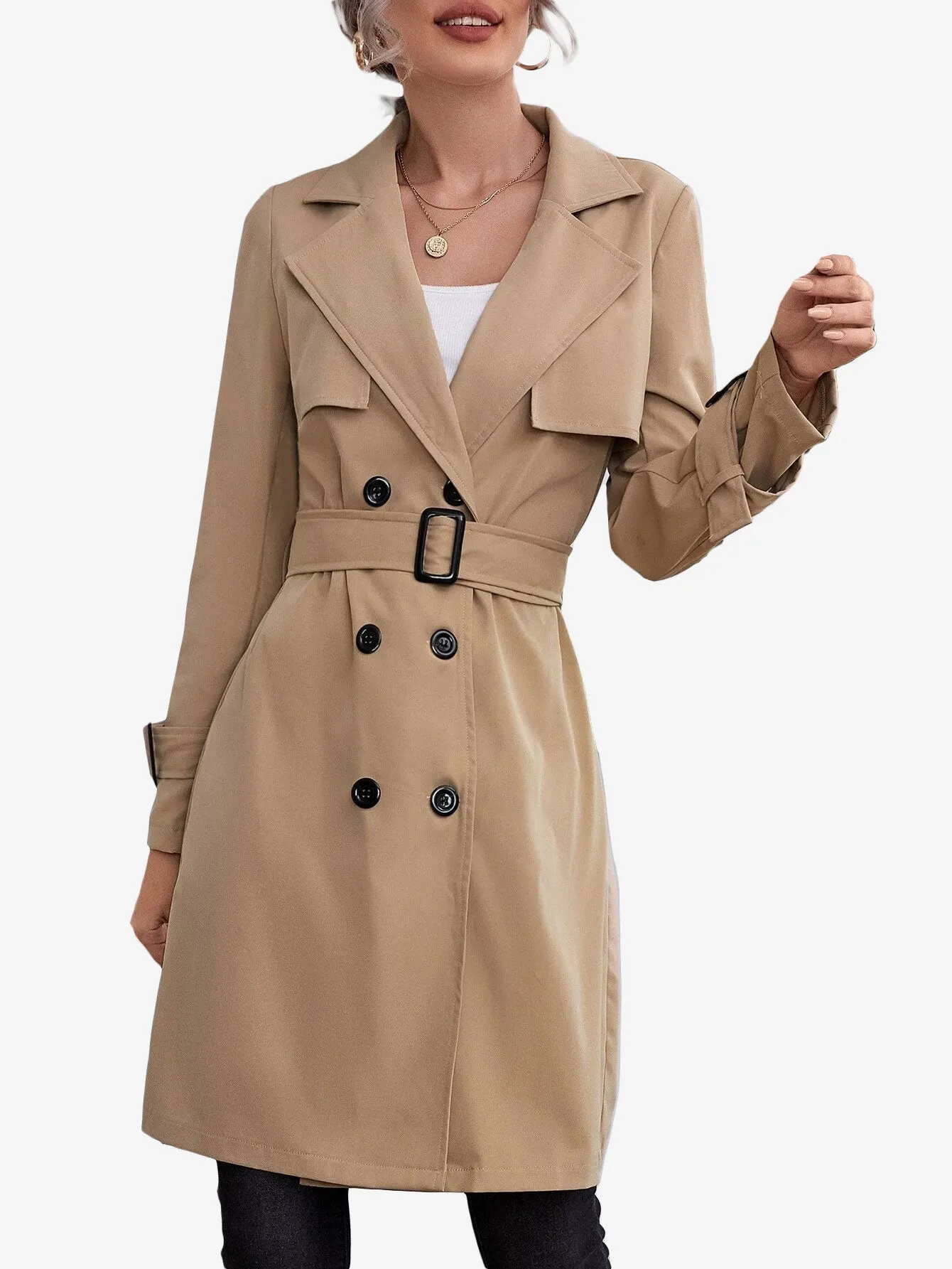 Double Breasted Buckle Belted Trench Coat