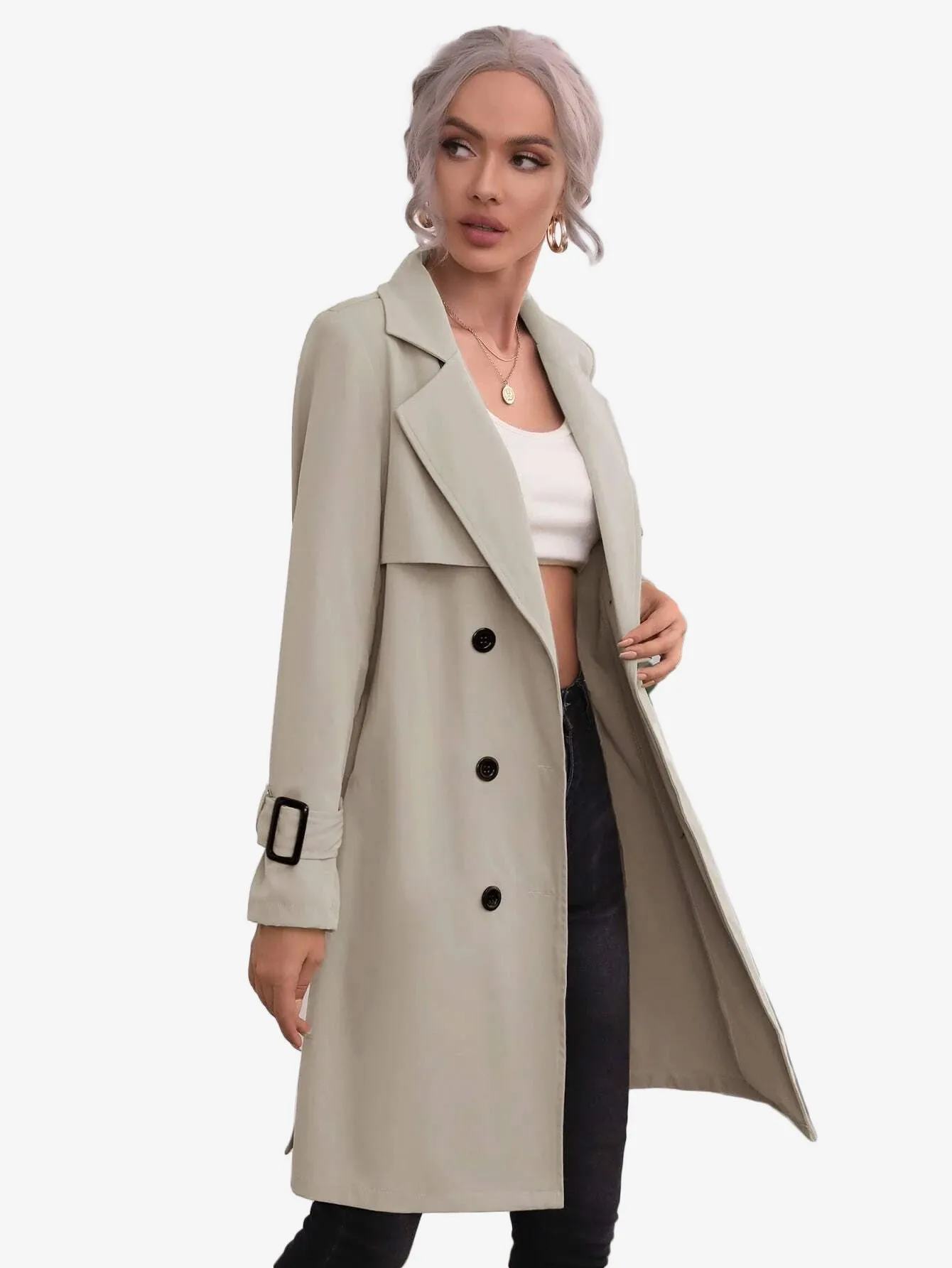 Double Breasted Buckle Belted Trench Coat