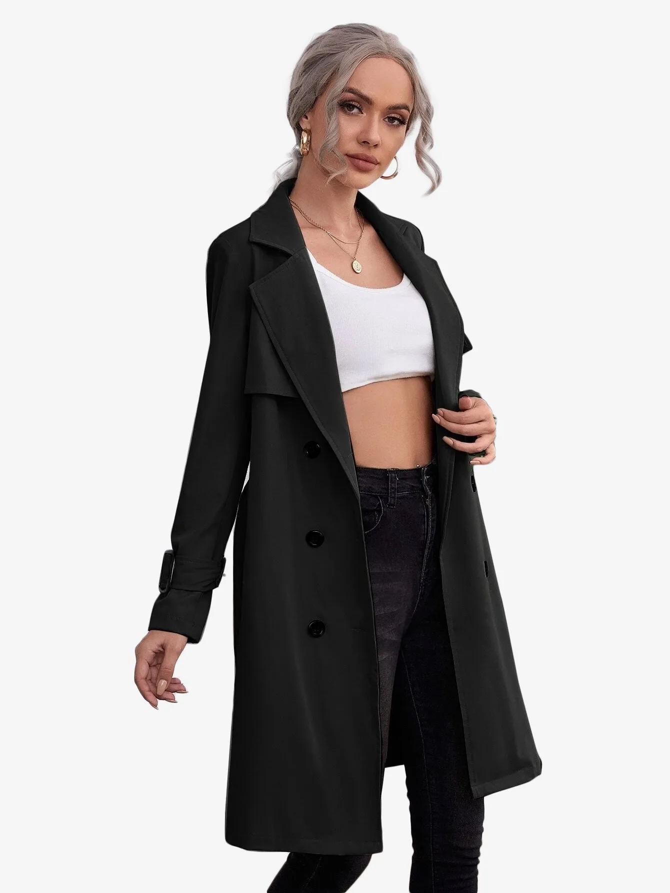 Double Breasted Buckle Belted Trench Coat