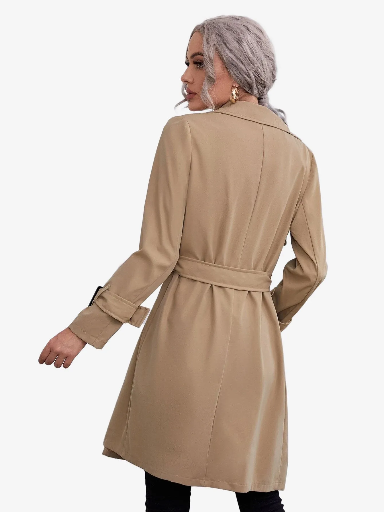 Double Breasted Buckle Belted Trench Coat