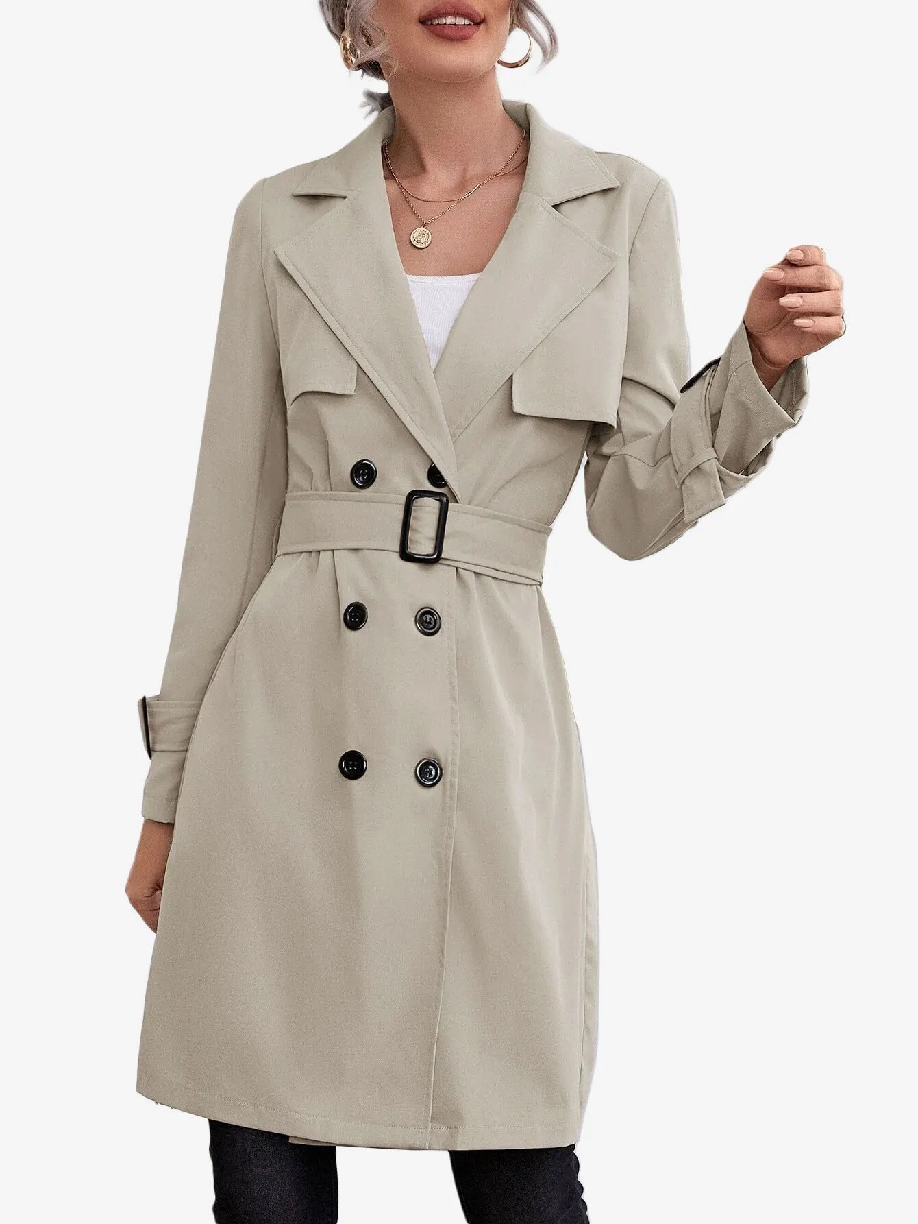 Double Breasted Buckle Belted Trench Coat