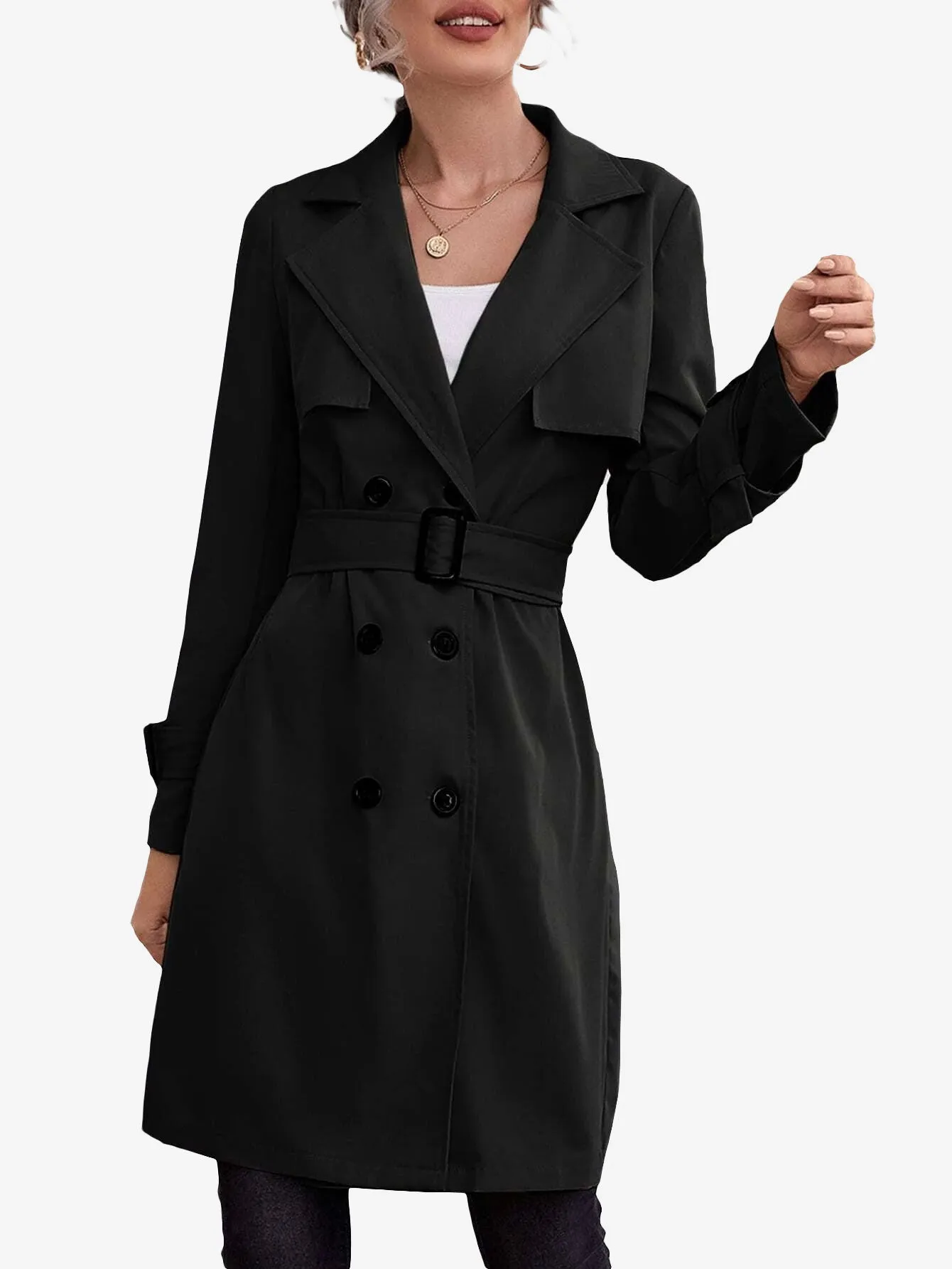 Double Breasted Buckle Belted Trench Coat