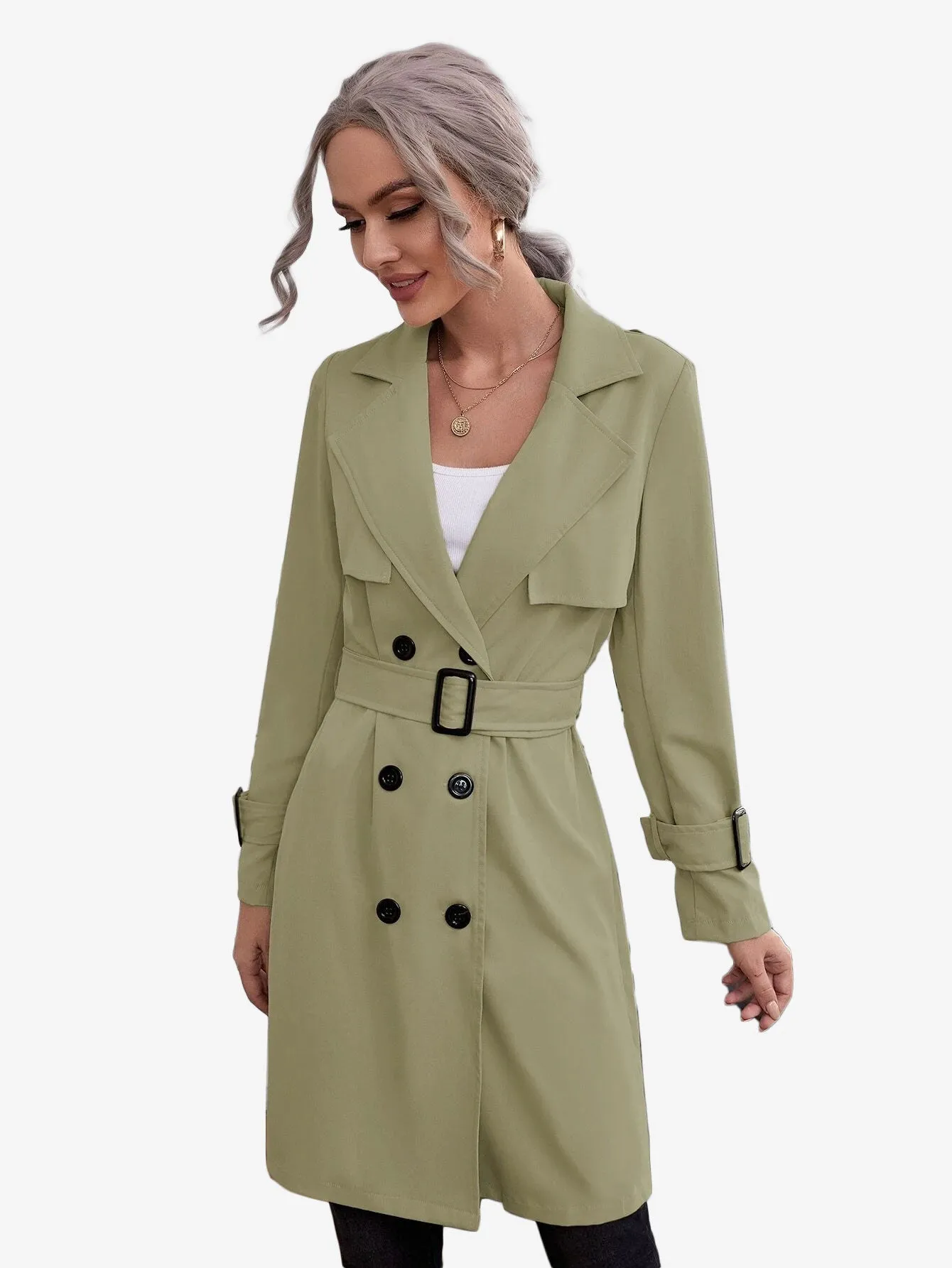 Double Breasted Buckle Belted Trench Coat