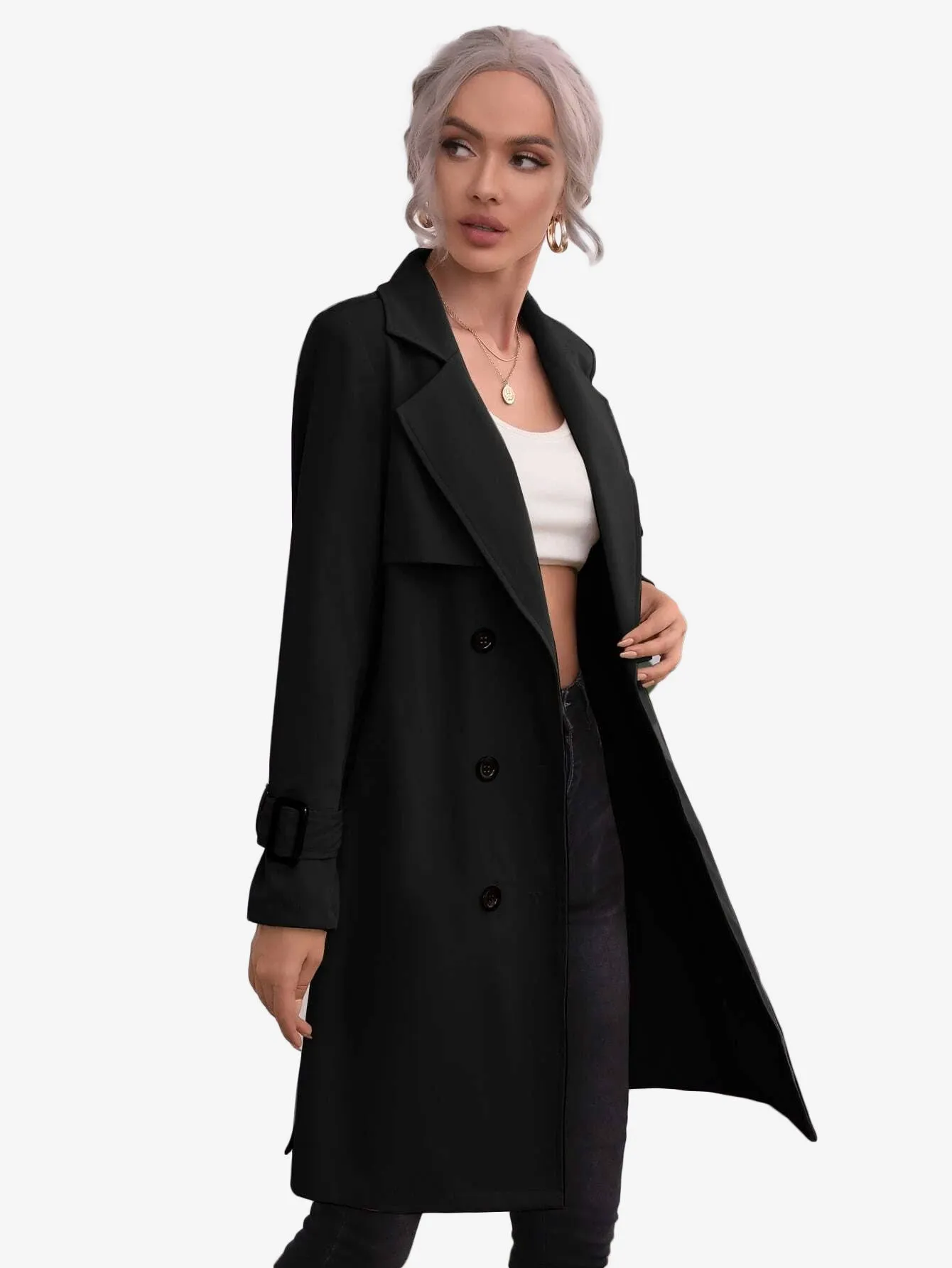 Double Breasted Buckle Belted Trench Coat