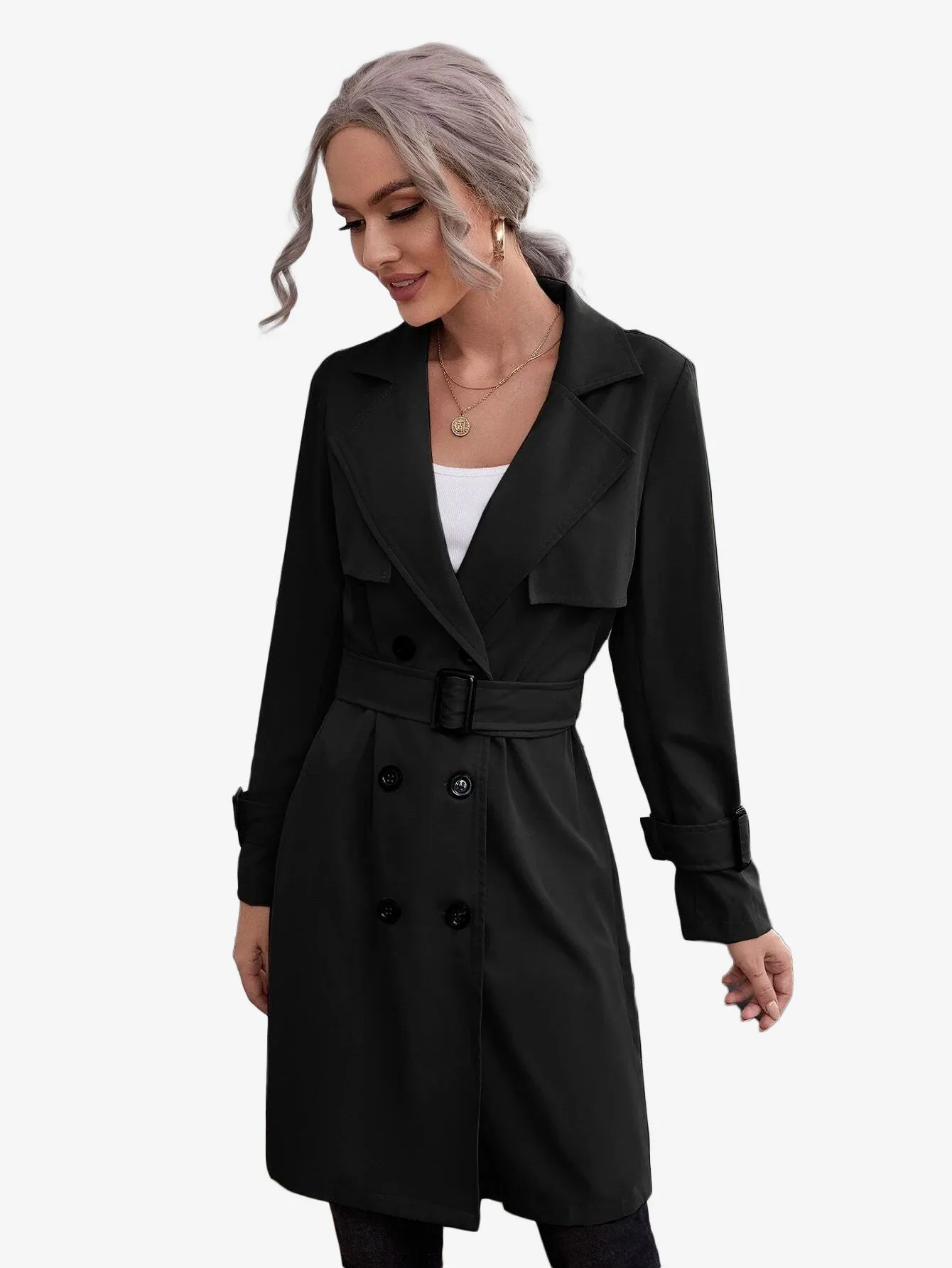 Double Breasted Buckle Belted Trench Coat