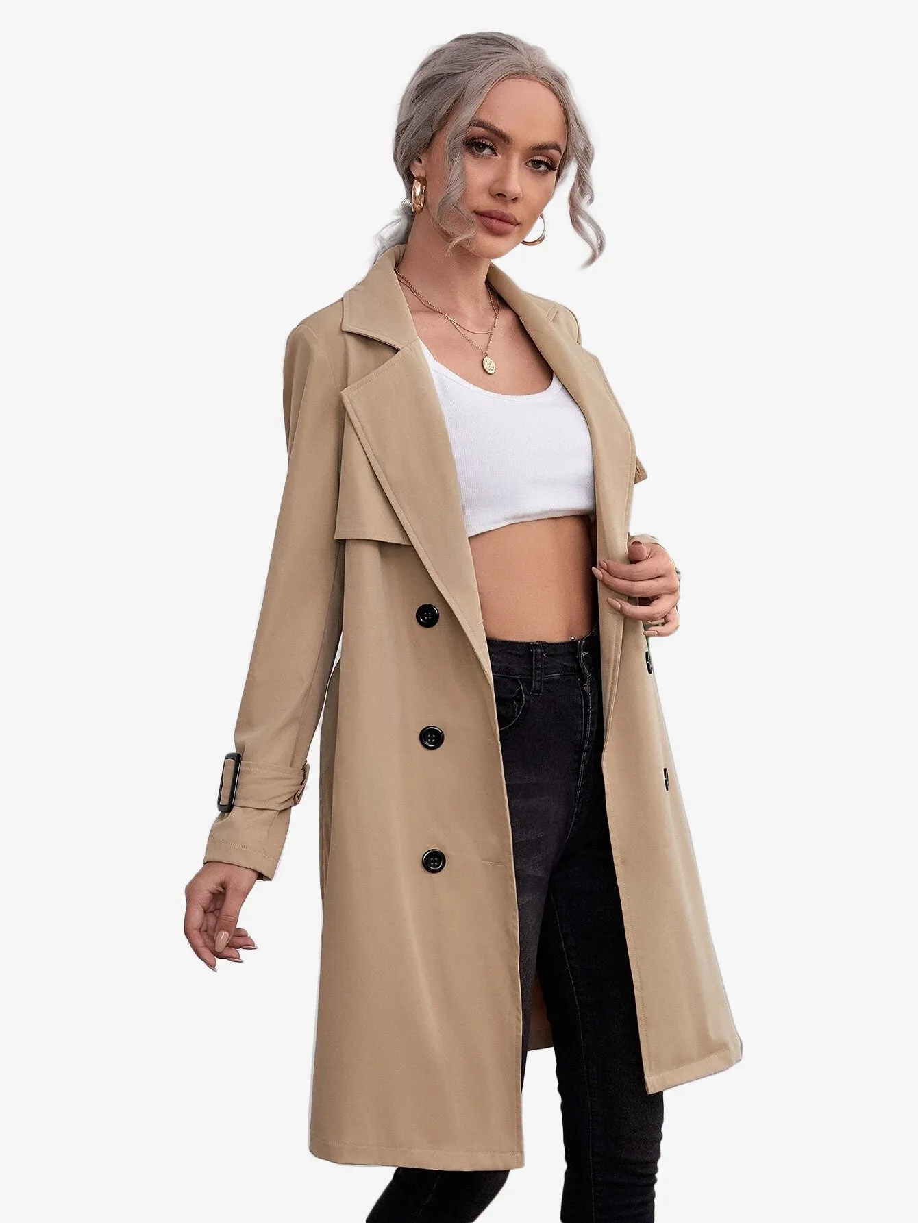 Double Breasted Buckle Belted Trench Coat