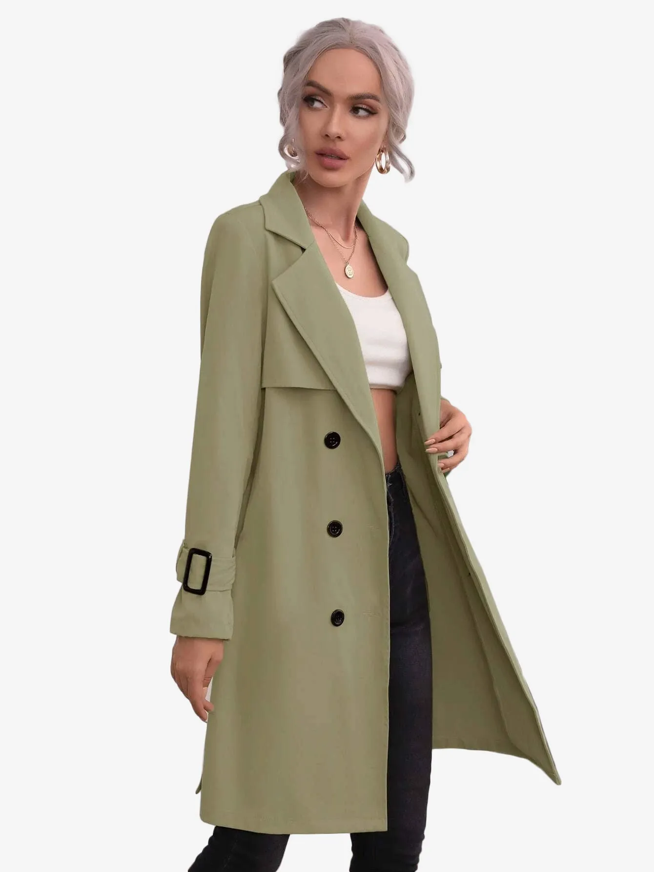 Double Breasted Buckle Belted Trench Coat