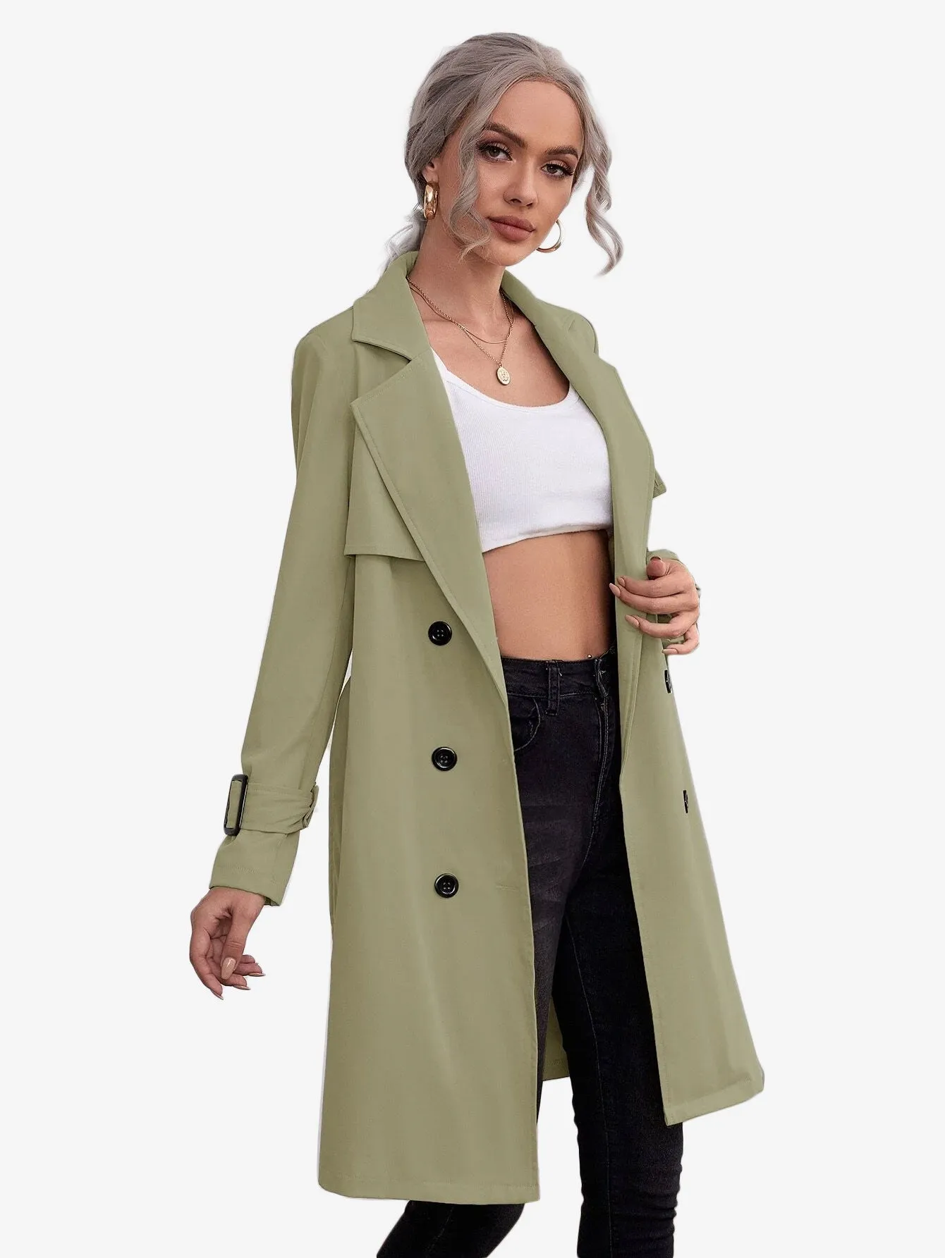 Double Breasted Buckle Belted Trench Coat