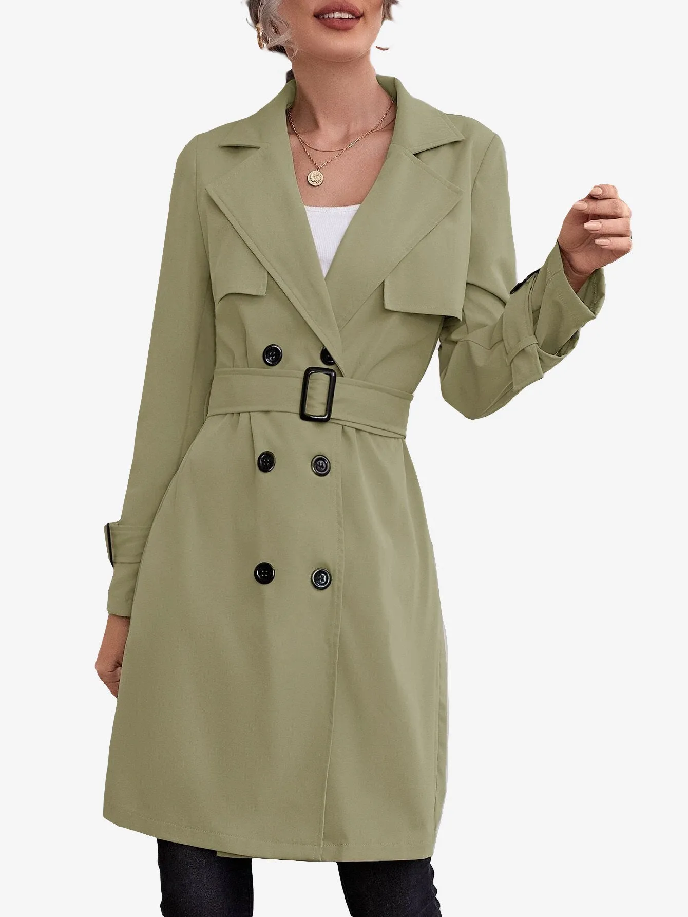 Double Breasted Buckle Belted Trench Coat