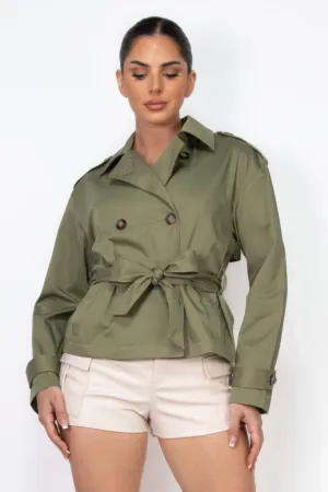 Double-breasted Waist-tie Short Trench Coat in Olive