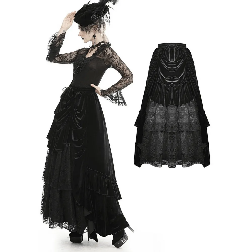 Elegant Gothic Black Velvet and Lace Long Skirt