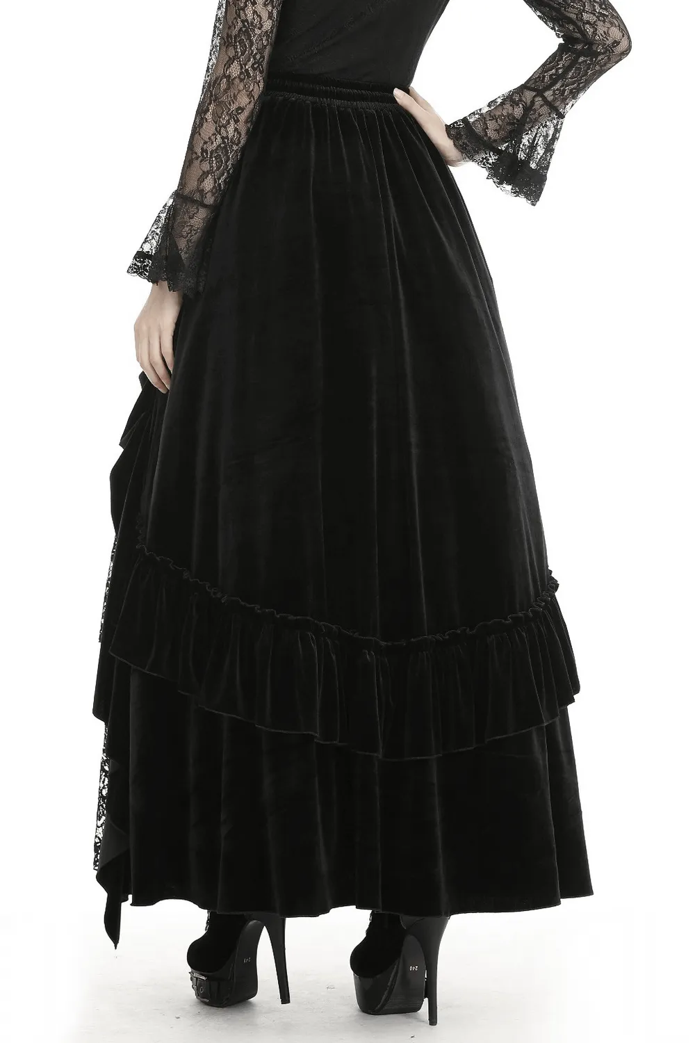 Elegant Gothic Black Velvet and Lace Long Skirt