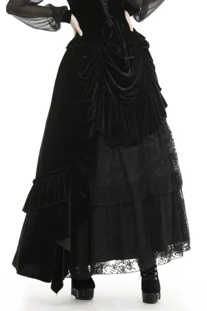 Elegant Gothic Black Velvet and Lace Long Skirt