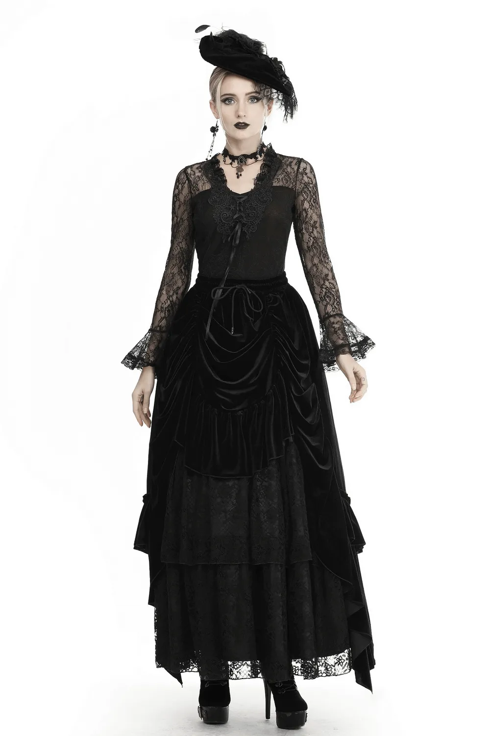 Elegant Gothic Black Velvet and Lace Long Skirt