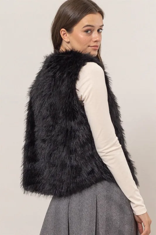 Faux Fur Open Vest - Black