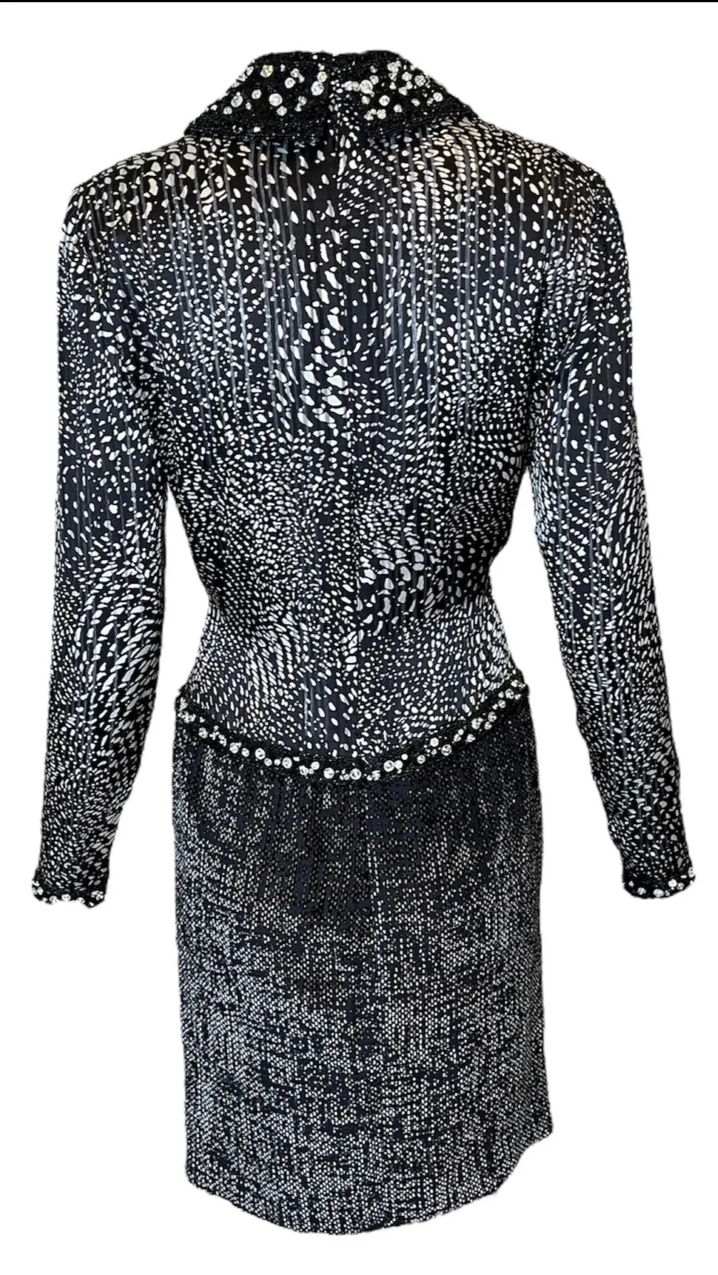 Galanos 80s Black & White Sequined Abstract Print Cocktail Dress With Embellishment