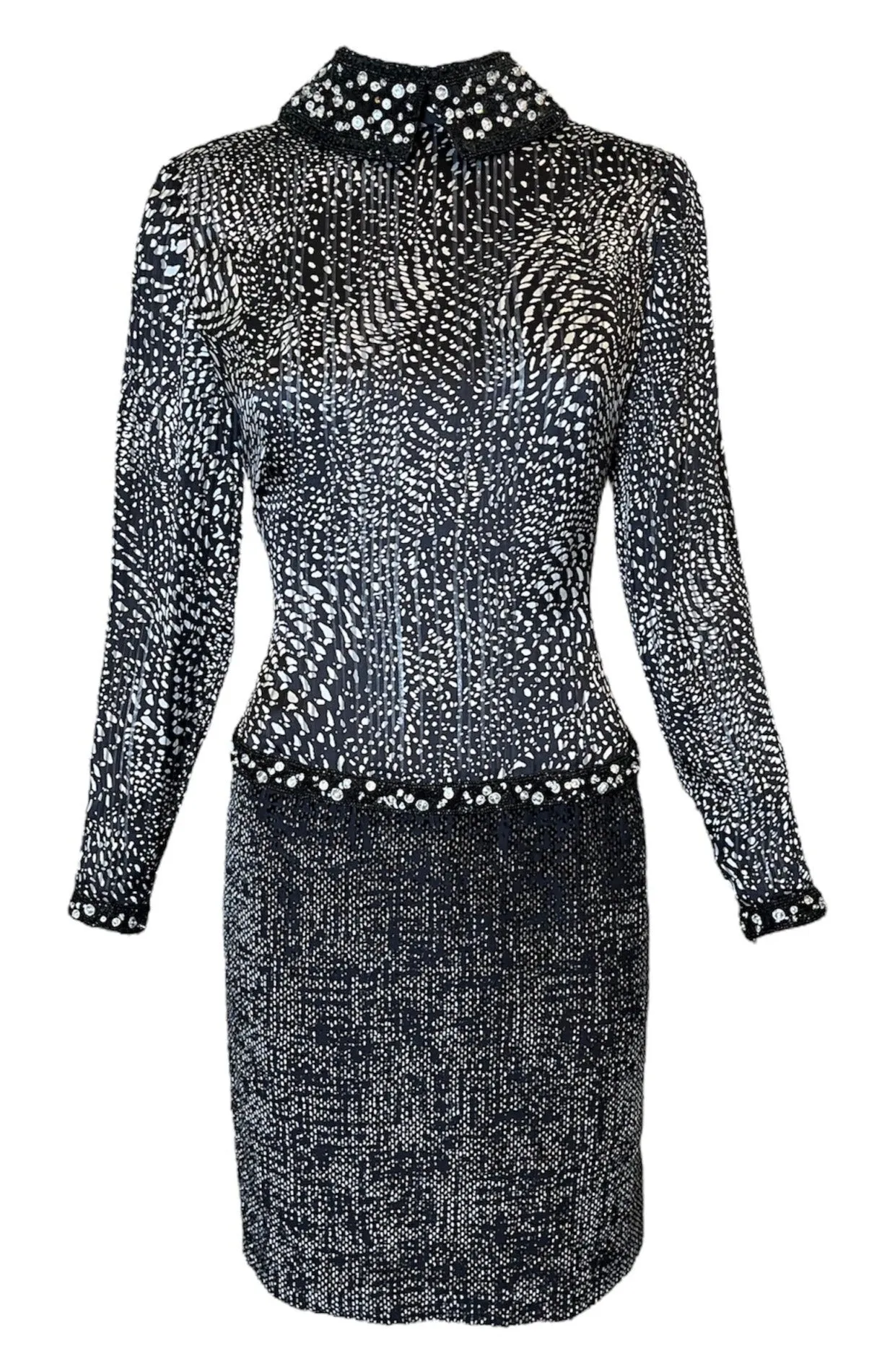 Galanos 80s Black & White Sequined Abstract Print Cocktail Dress With Embellishment