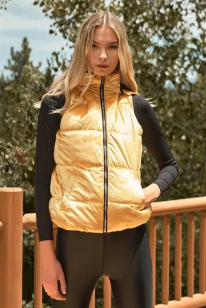 Gold Velvet Sleeveless High Neck Hooded Puffer Vest