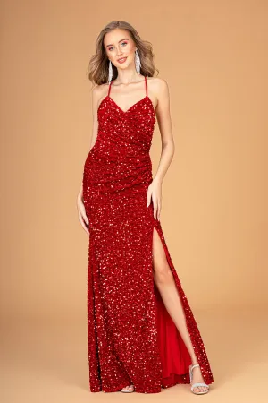 Halter Neck Velvet Sequin w/ Ruched Bodice Long Prom Dress GLGL3080