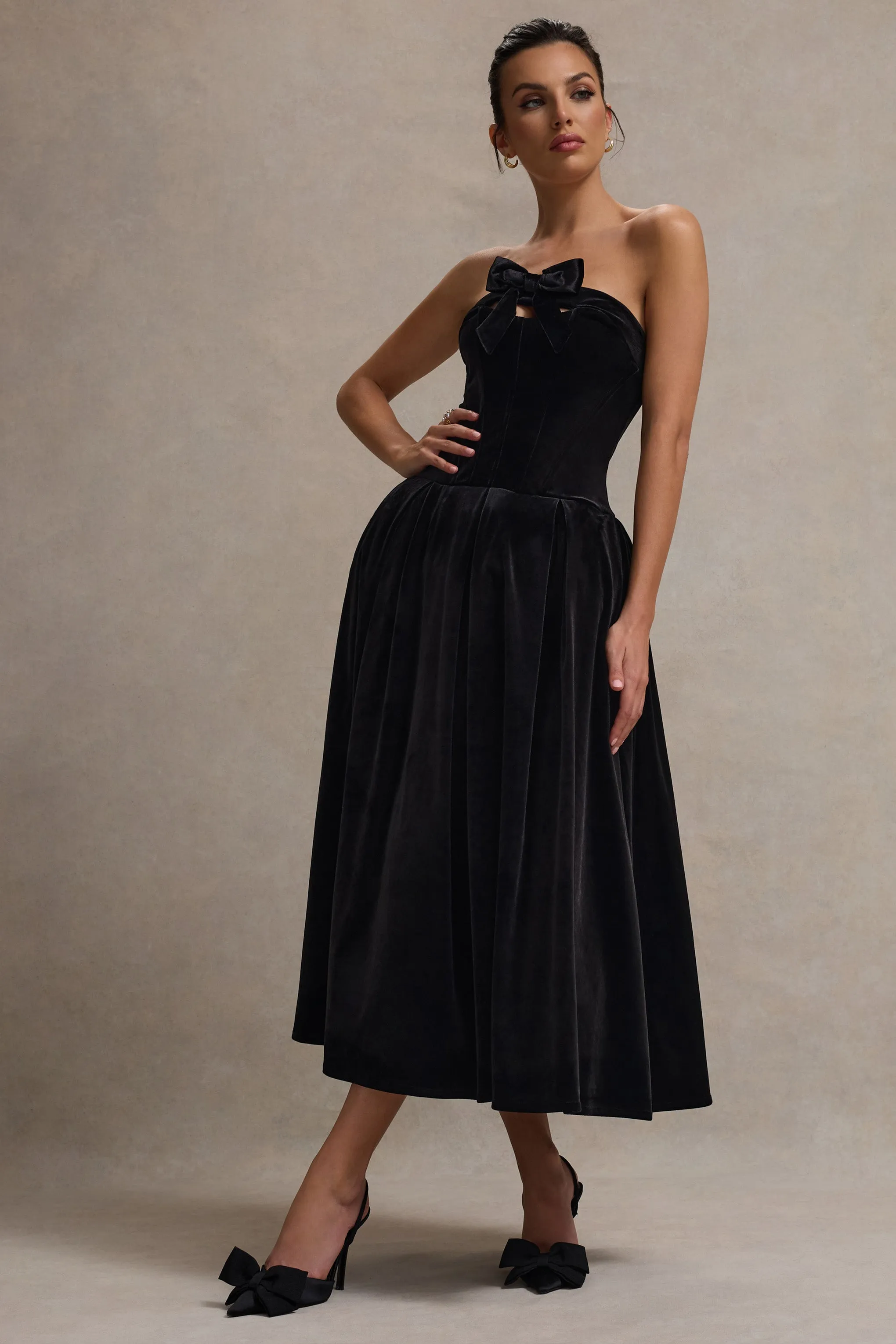 Hepburn | Black Velvet Bandeau Midi Dress With Bow