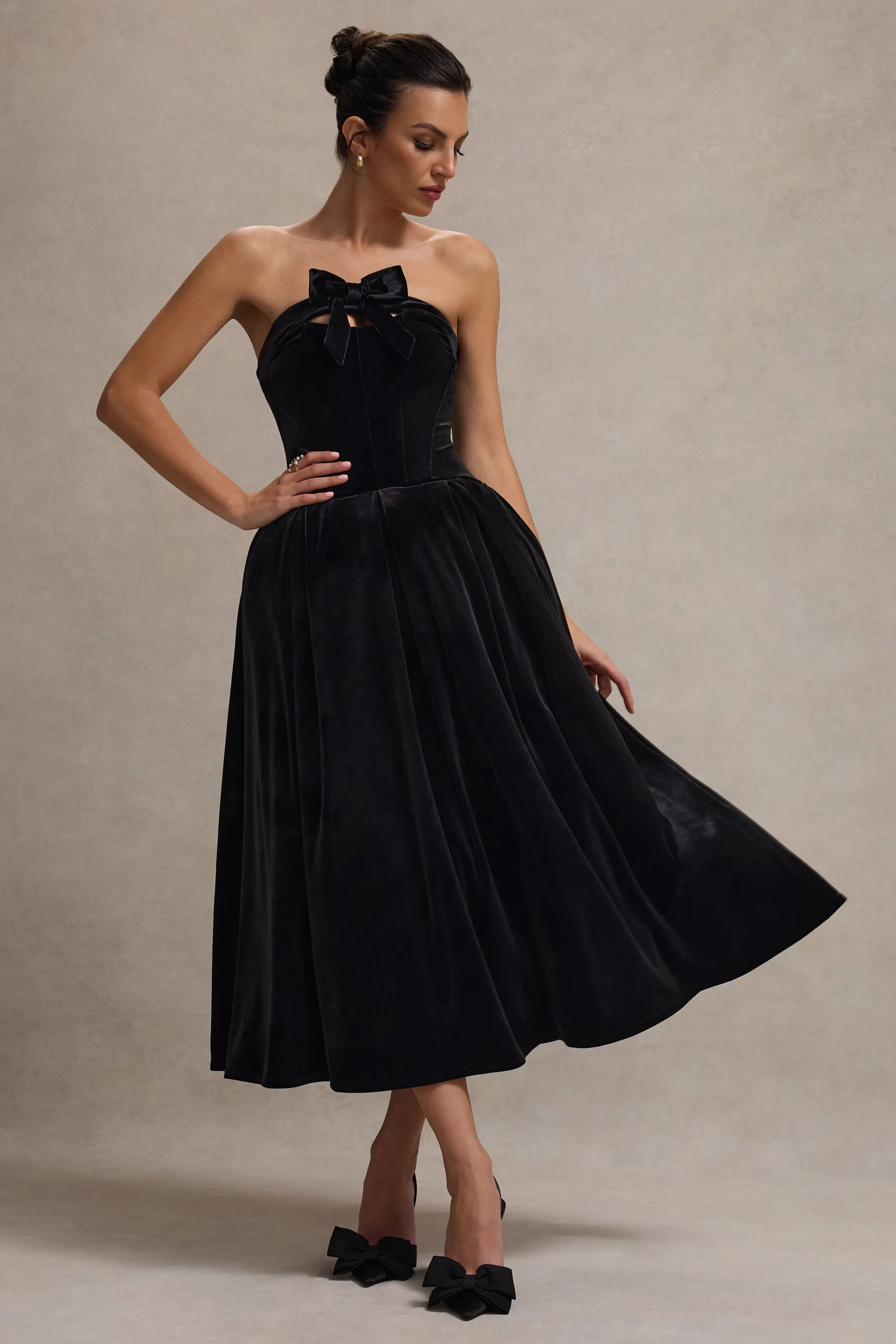 Hepburn | Black Velvet Bandeau Midi Dress With Bow